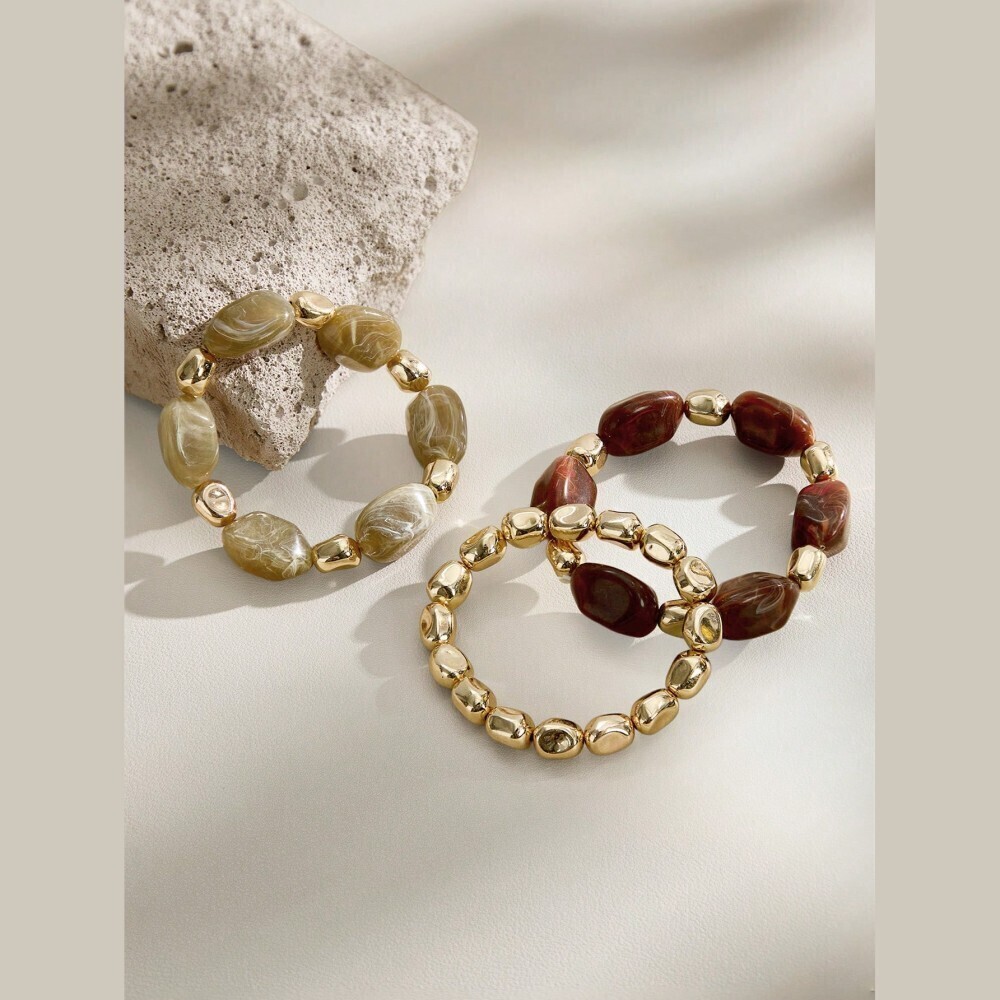 3pc Brown & Gold Beaded Stone Stretch Bracelet Set